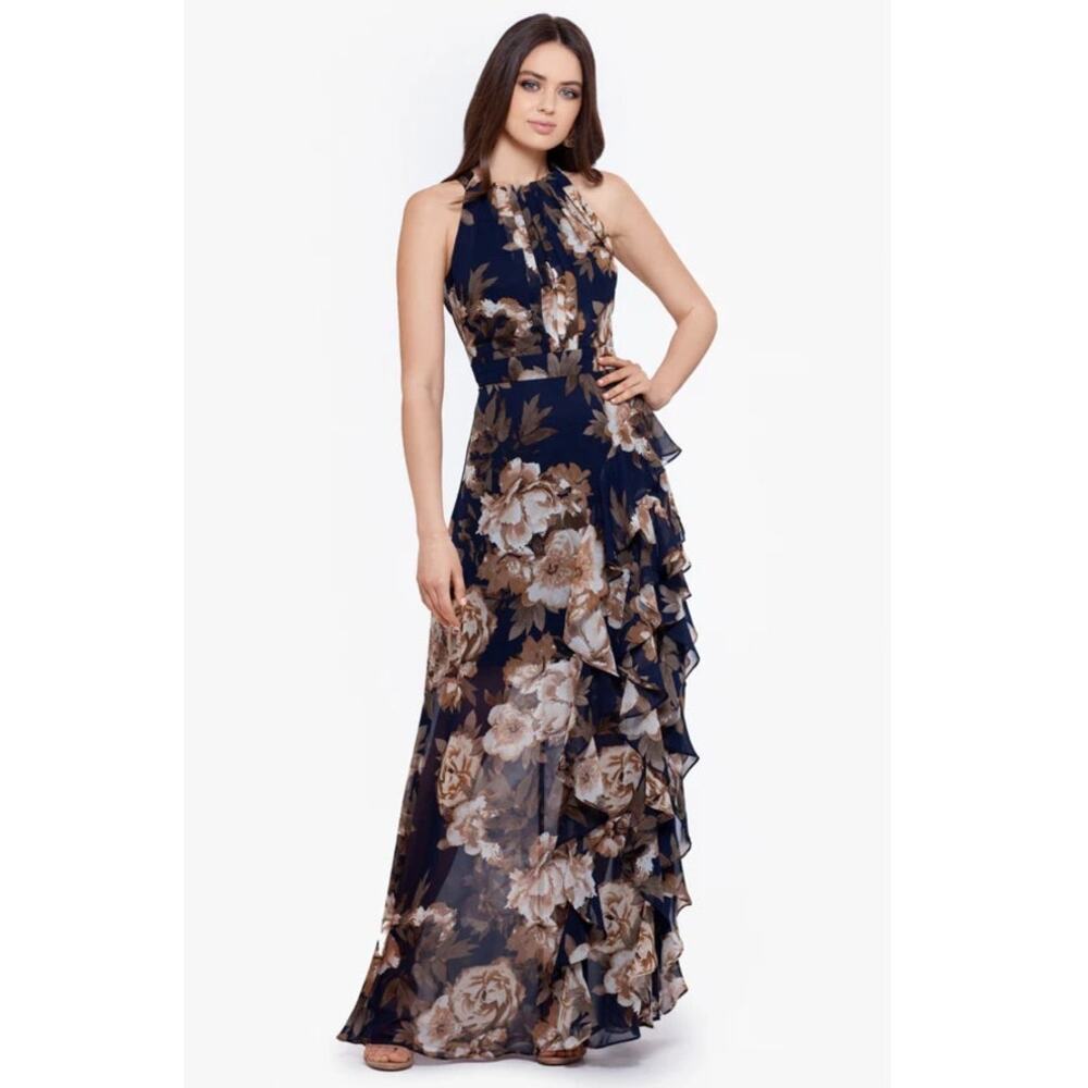 Betsy & Adam Navy and Beige Floral Halter Ruffle Maxi Dress